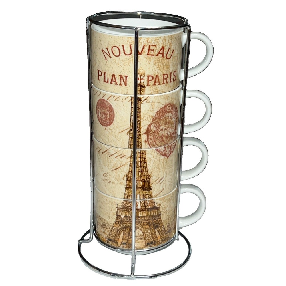 Pier 1 Imports‎ 4-Stacking Coffee Mugs Eiffel Tower Paris Tea Cups & Rack Beige